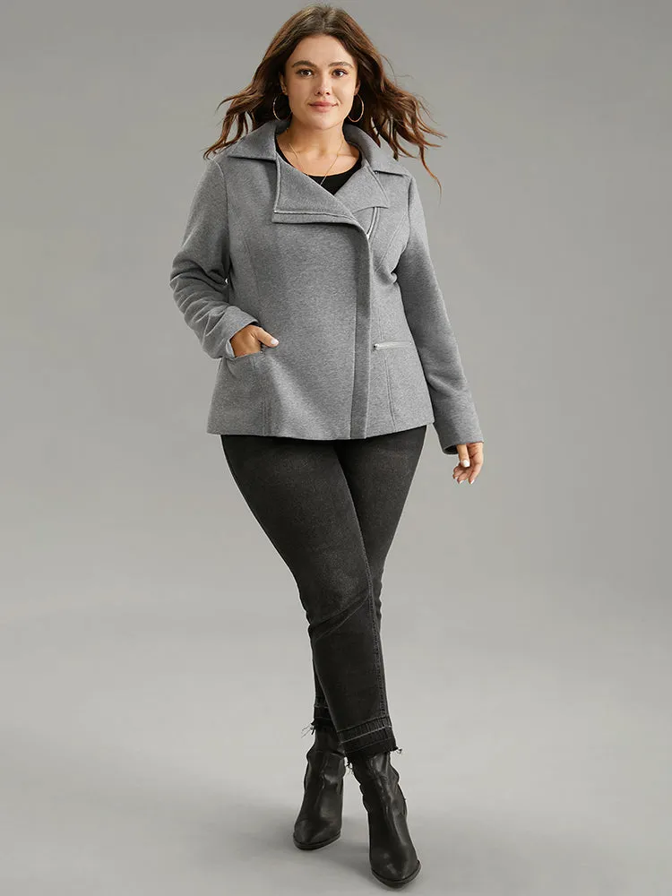Solid Zipper Asymmetrical Pocket Lapel Collar Coat