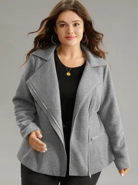 Solid Zipper Asymmetrical Pocket Lapel Collar Coat