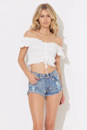 White Ruched Smocked Puff Sleeve Top