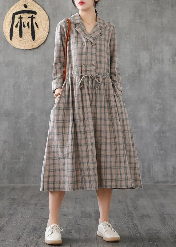 Women Notched drawstring linen cotton Tunics Fashion Ideas green plaid Dress