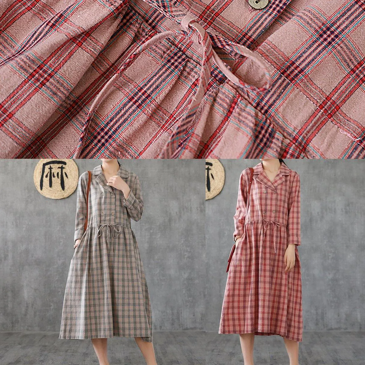 Women Notched drawstring linen cotton Tunics Fashion Ideas green plaid Dress