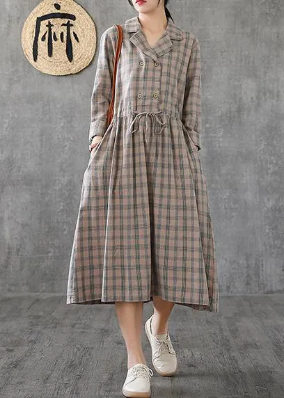 Women Notched drawstring linen cotton Tunics Fashion Ideas green plaid Dress