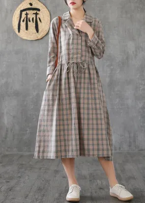 Women Notched drawstring linen cotton Tunics Fashion Ideas green plaid Dress