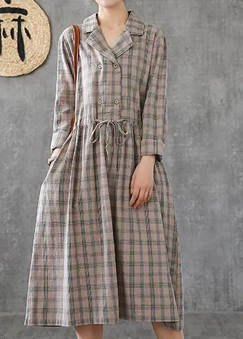 Women Notched drawstring linen cotton Tunics Fashion Ideas green plaid Dress