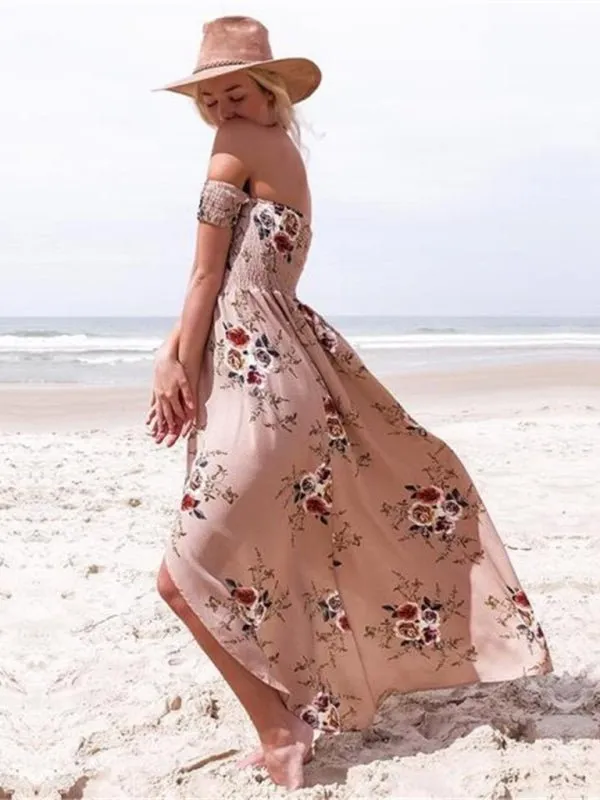 Women's printed one-shoulder strapless chiffon printed slit dress