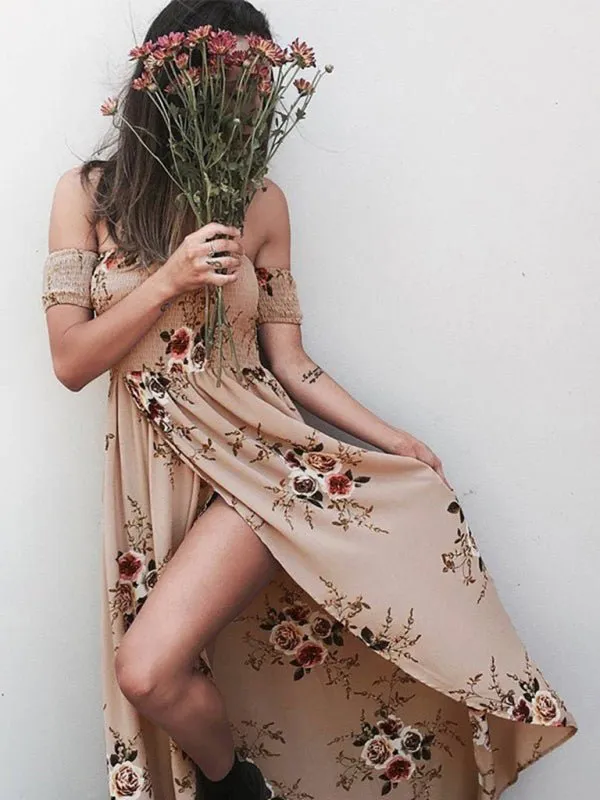 Women's printed one-shoulder strapless chiffon printed slit dress