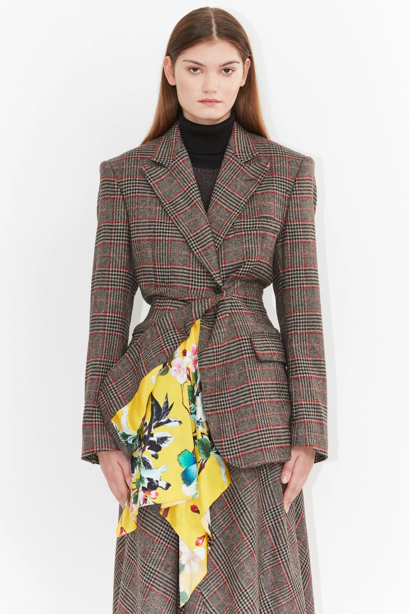 Wool and Silk Printed Brown Yellow Plaid Blazer