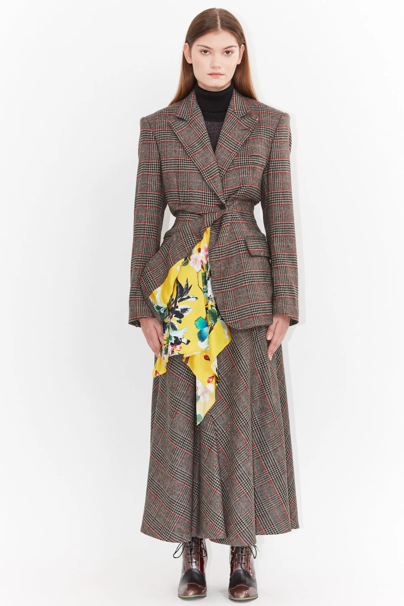 Wool and Silk Printed Brown Yellow Plaid Blazer