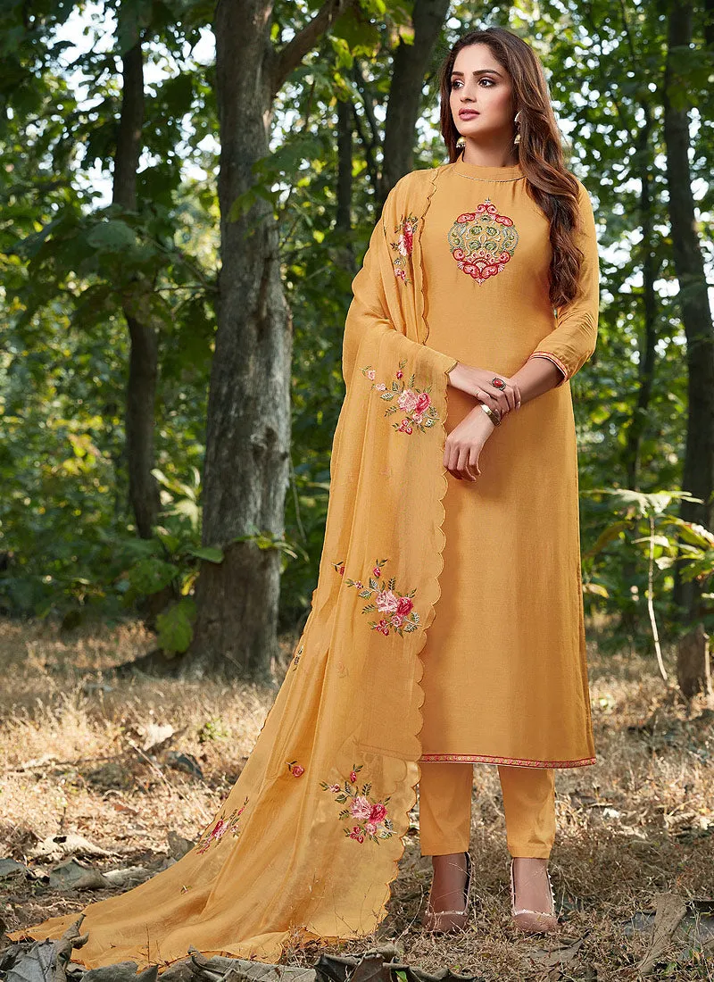 Yellow Embroidered Cotton Silk Pants Style Suit